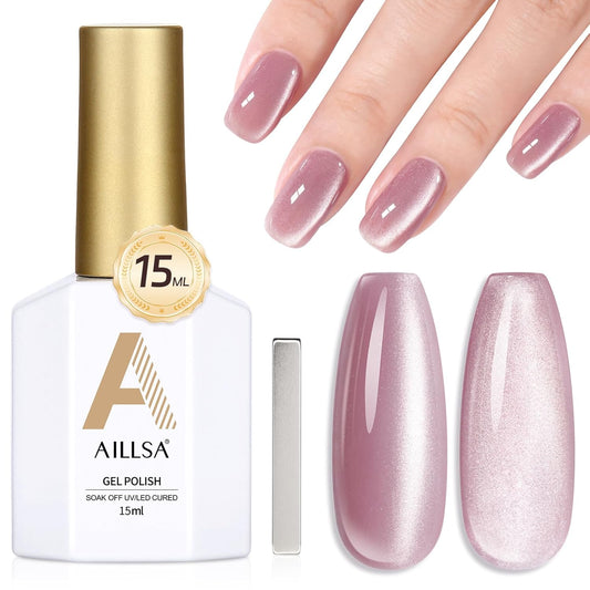 AILLSA Nude Pink Cat Eye Gel Nail Polish Shimmer Glitter Crystal Polish with Magnet, Jelly Purple Sparkle Nail Polish Reflective Translucent Color U V Gel Salon DIY at Home 0.5 OZ GF22