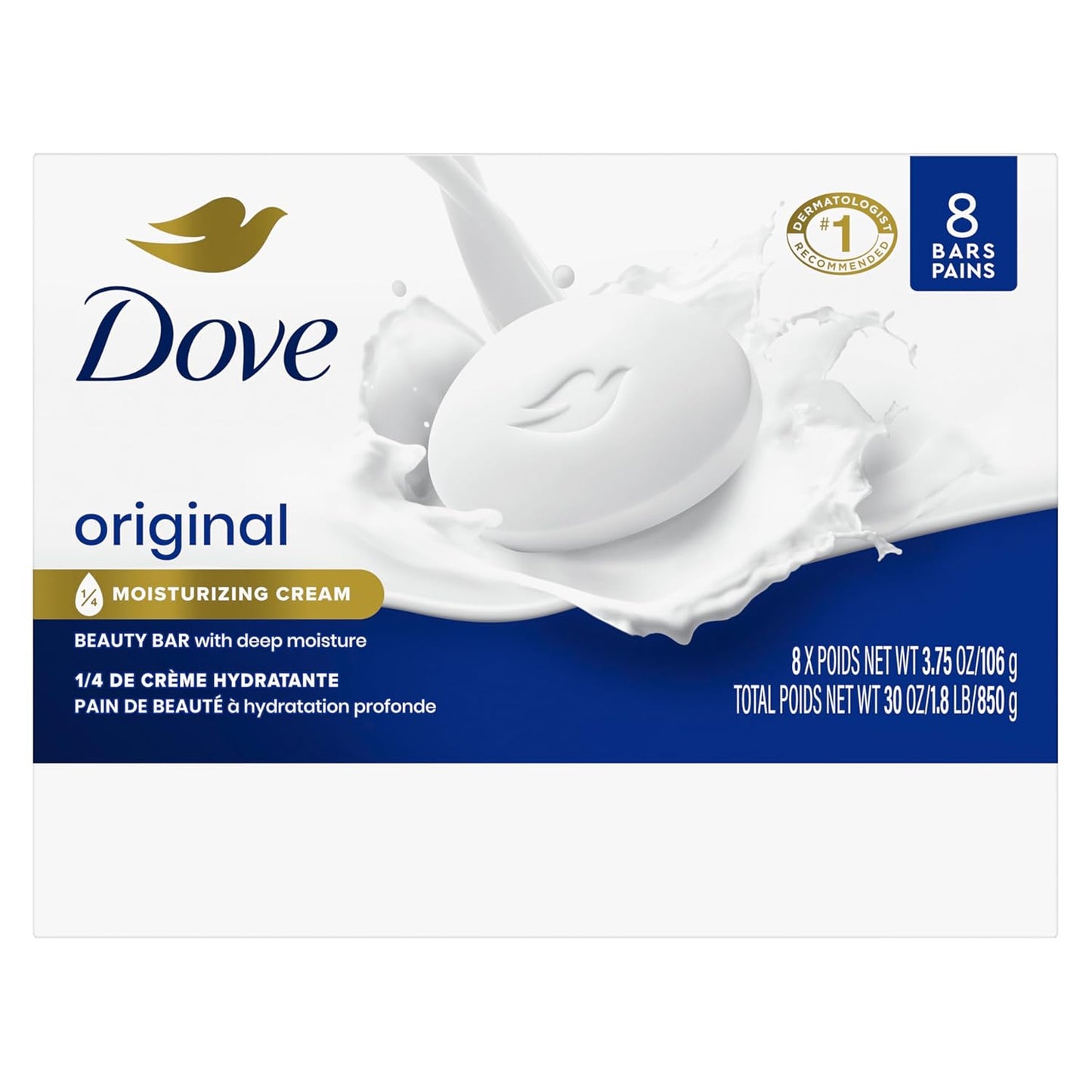 Dove Beauty Bar Soap Original 8 Count for Soft, Smooth Skin, with 1/4 Moisturizing Cream 3.75 oz