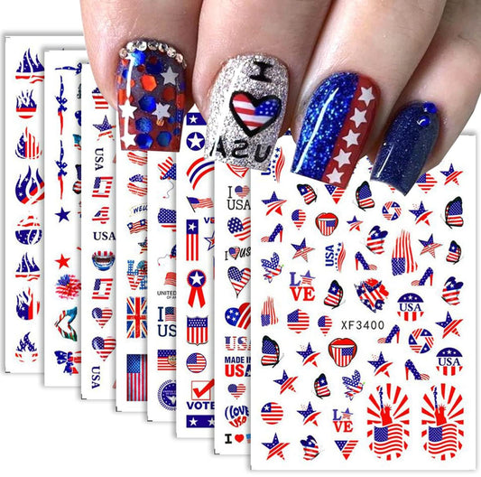 8Sheets 4th of July Nail Art Stickers Decals Red Blue White American Flag 3D Self-Adhesive Nail Decals Flame Butterfly Heart Designs Independence Day Nail Decorations DIY Nail Supplies for Women Kids