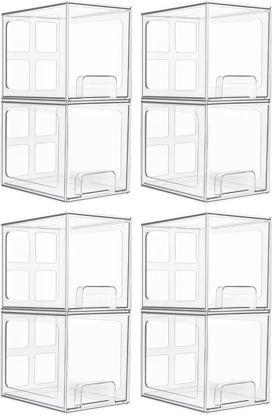 Vtopmart 8 Pack Stackable Under Sink Organizer Drawers, Clear Acrylic Storage Bins for Kitchen and Bathroom Cabinets, Baby Bottles, Cleaning Supplies, 6.6'' Tall Space-Saving Drawer System