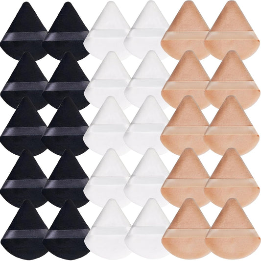 GXXMEI 30PCS Triangle Powder Puff, Setting Powder Puff for Make Up, Face Puff Pads for Loose Powder and Press Powder, Makeup Sponge Powder Applicator for Face and Eye (White, Black, Nude)