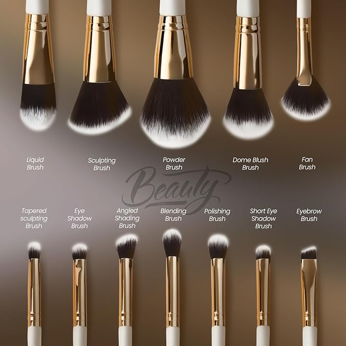 Makeup Brushes Set 12 Piece Professional & Beginner Friendly, Soft Synthetic Bristles for Face Eyeshadow Blending, Easy to Clean Travel Ready with Case, Ergonomic Wooden Handle Hypoallergenic (White)