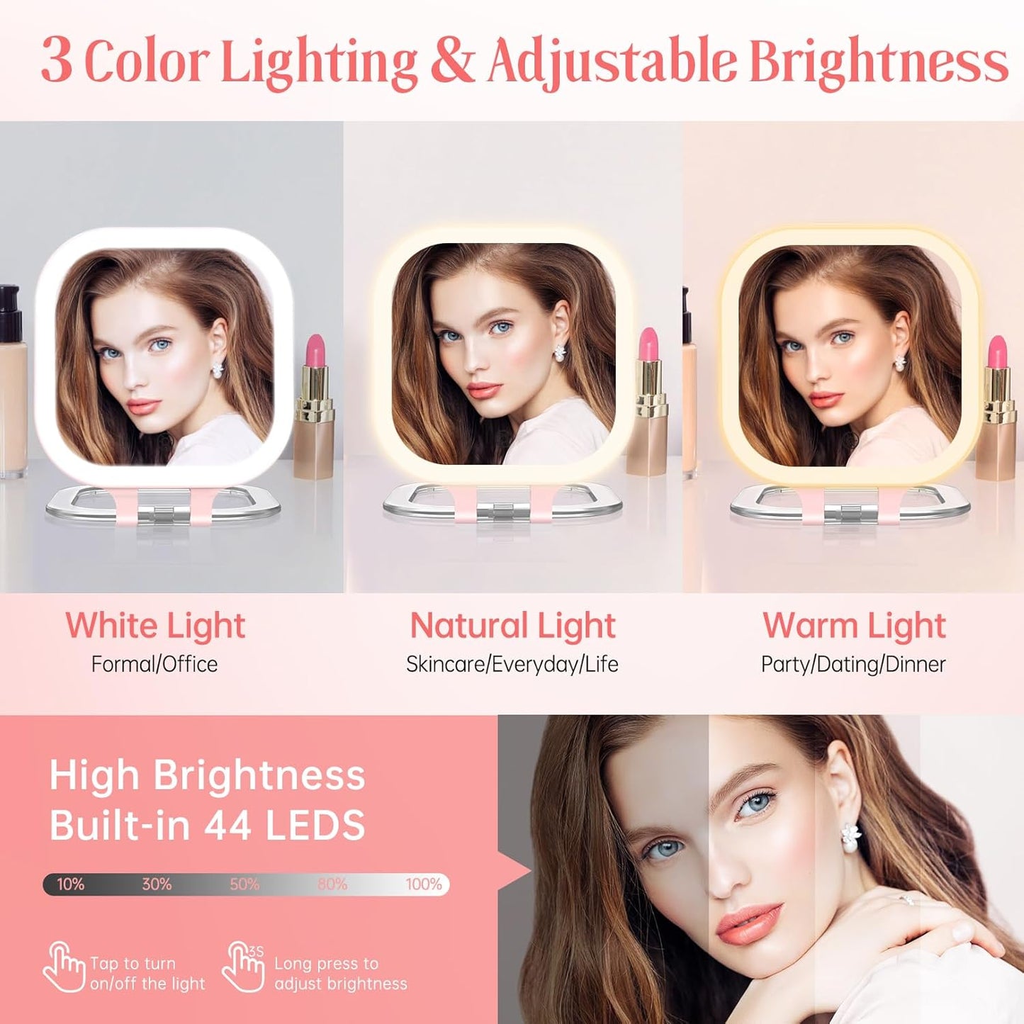 FASCINATE 10X Magnification Compact Travel Makeup Mirror with Lights and Magnification, 3.5 inch Portable 1X/10X Magnifying Mirror with 3 Color Light, Folding, Handheld (Pink)