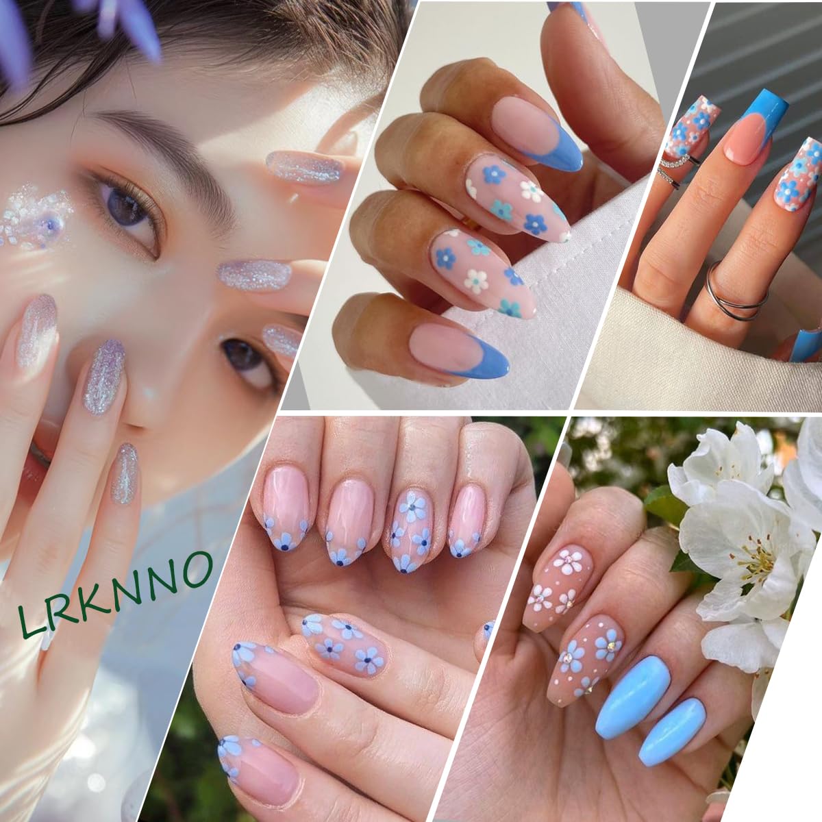 30Pcs White Flower Nail Art Stickers Decals- Daisy Floral Cherry Blossoms Nail Stickers Blue Rhinestone Nail Designs Sticker for Gel Nails 3D Self-Adhesive Spring Nail Decals for Nail Art Decoration