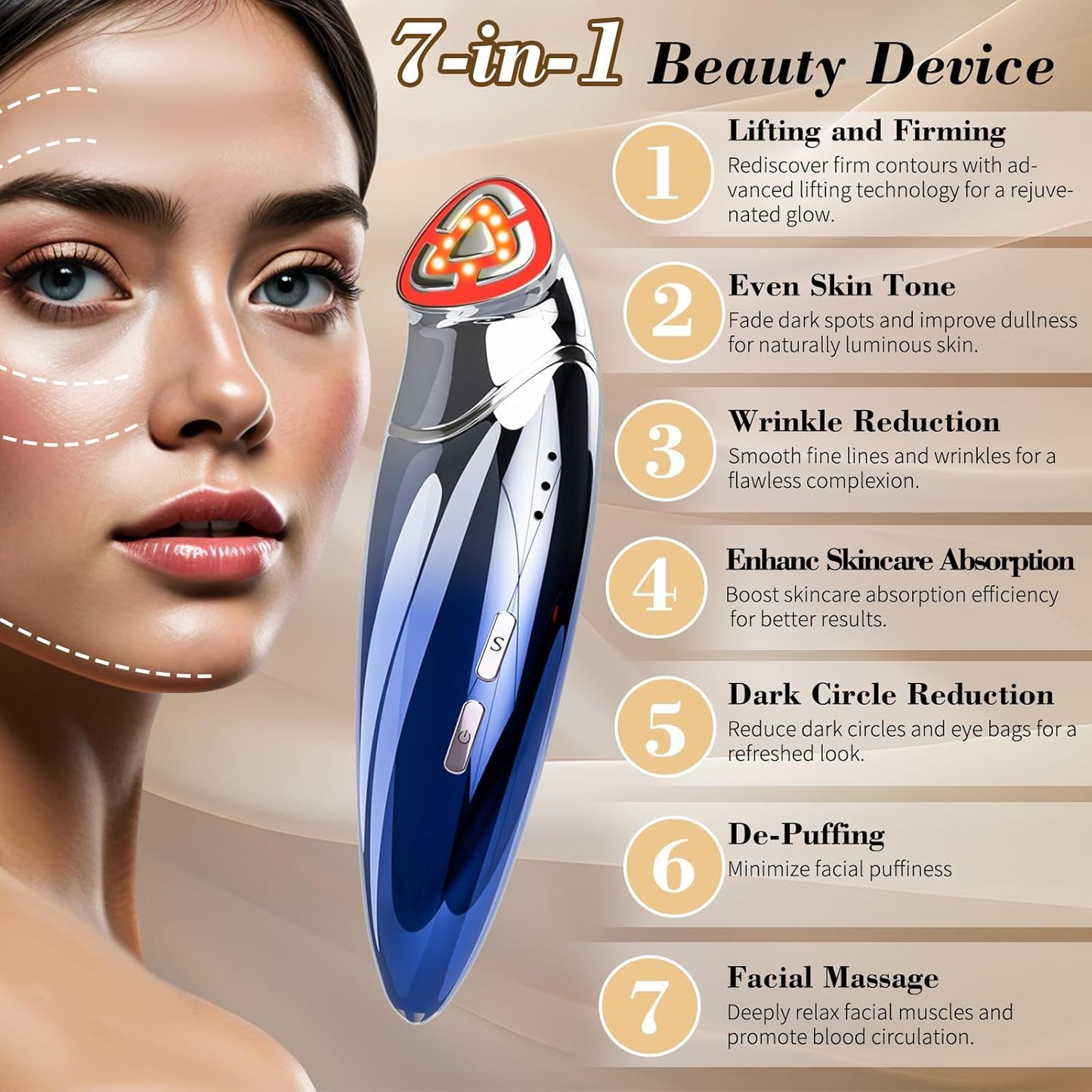 Red Light Therapy Device – Facial Tightening & Anti-Aging LED Tool for Face, Eyes & Jawline –Skin Firming & Wrinkle Smoothing – Handheld Home Beauty Device