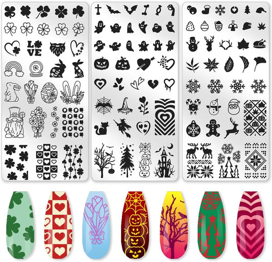 3Pcs Holiday Nail Stamping Plate Set Seasonal Halloween Christmas Nail Stamp Templates Valentine St. Patrick's Day Metal Reusable Tools with Stamper Scraper for Manicure Printing