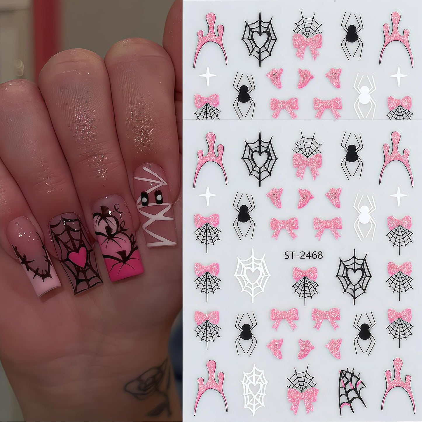 6 Sheets Halloween Nail Stickers for Nail Art 3D Self-Adhesive Pink Glitter and Black Spider Web Spider Pumpkin Bat Pattern Nail Art Stickers Holiday DIY Manicure Tips Nails Accessories for Women