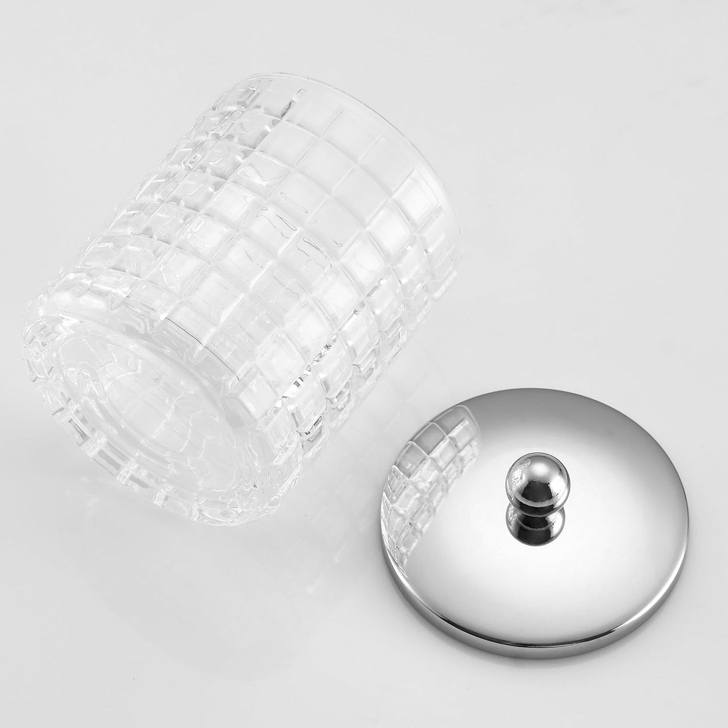 Glass Cotton Jar Holder Silver Lid, Elegant Bathroom Storage Canister for Qtips, Cotton Balls, Floss, Makeup Organizer, Vanity Bathroom Organization