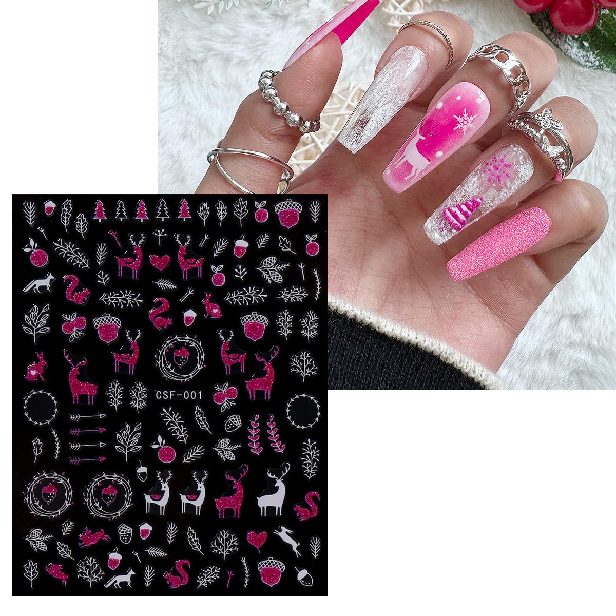 JMEOWIO 9 Sheets Christmas Pink Glitter Nail Art Stickers Decals Self-Adhesive Snowflake Winter Holiday Nail Supplies Nail Art Design Decoration Accessories