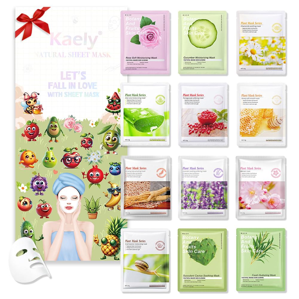 12 Pack Various Plants Face Sheet Mask Skincare,Hydrating Face Mask For Sensitive Skin,Moisturize,Soothing,Nourish for All Skin Types,Natural Spa Party Facial Mask Skincare Set for Women Men Girls