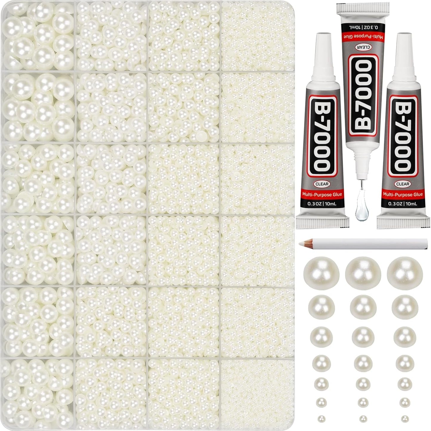 16000Pcs Flatback Pearls for Crafting, Ivory Flat Back Assorted Sizes 2/3/4/5/6/8/10mm Half Pearl Beads Bedazzling for Crafts Clothing Tumbler Shoes Wedding Gown Nails with B7000 Jewelry Making Glue