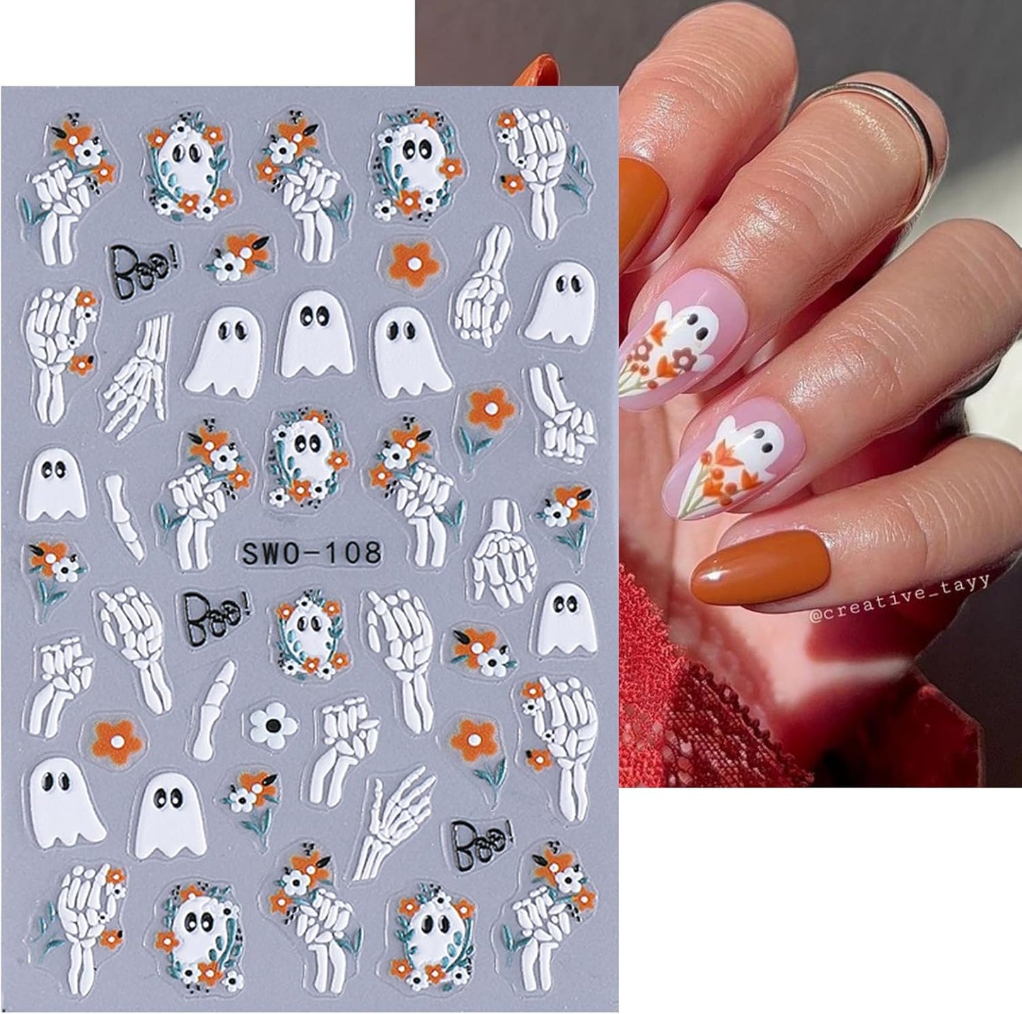 2 Sheets Halloween Nail Art Stickers Decals 5D Embossed Skeleton Rose Nail Decals Black Birds White Ghost Flower Skull Rose Design Halloween Nail Stickers Manicure Accessories for Women Nail Art Decor
