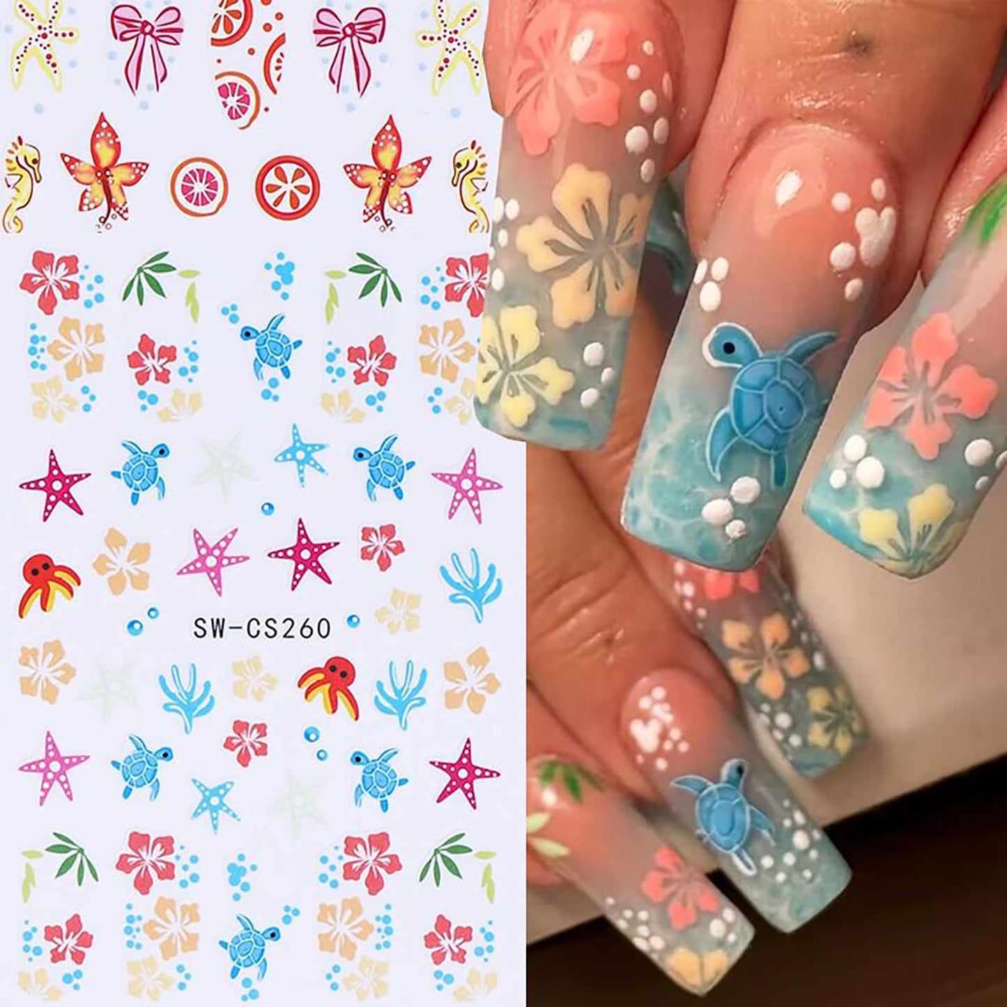 6 Sheets Marine Life Nail Art Stickers 3D Self-Adhesive Starfish Turtle Nails Sticker Flower Nail Art Decals Holographic Bow Nails Decal Decoration for Women Floral Manicure DIY Nail Supplies