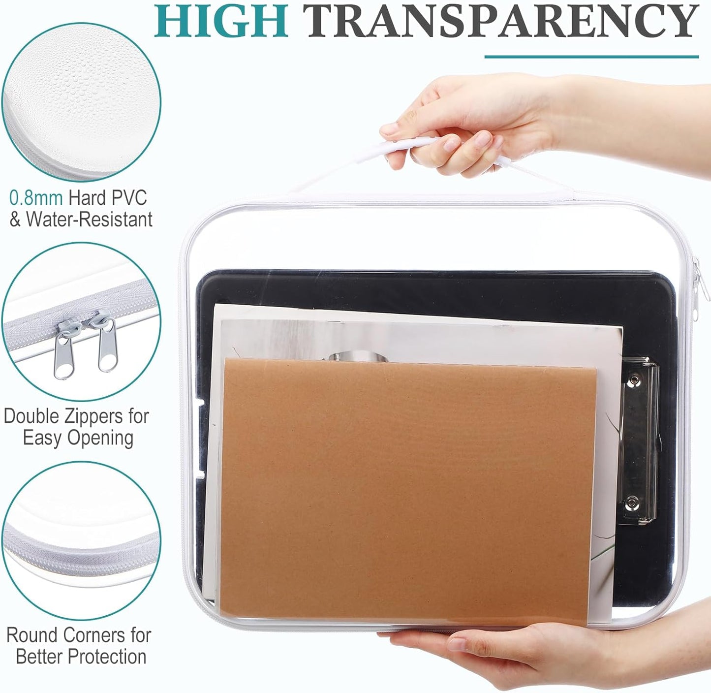 Sanwuta 4 Pcs Clear Hard Zipper Case with Handle Office Storage Cases Hard Plastic Pouches Transparent Bins for Toys, Snacks, Cosmetics, Building Blocks, Puzzles(13.8 x 11.8 x 2 Inches,White)