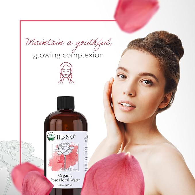 HBNO California Bottled Organic Rose Water for Face Huge 16 fl oz (480ml) Value Size - USDA Certified for Face - Pure Rose Water for Hair - Rosewater for Skincare, Haircare