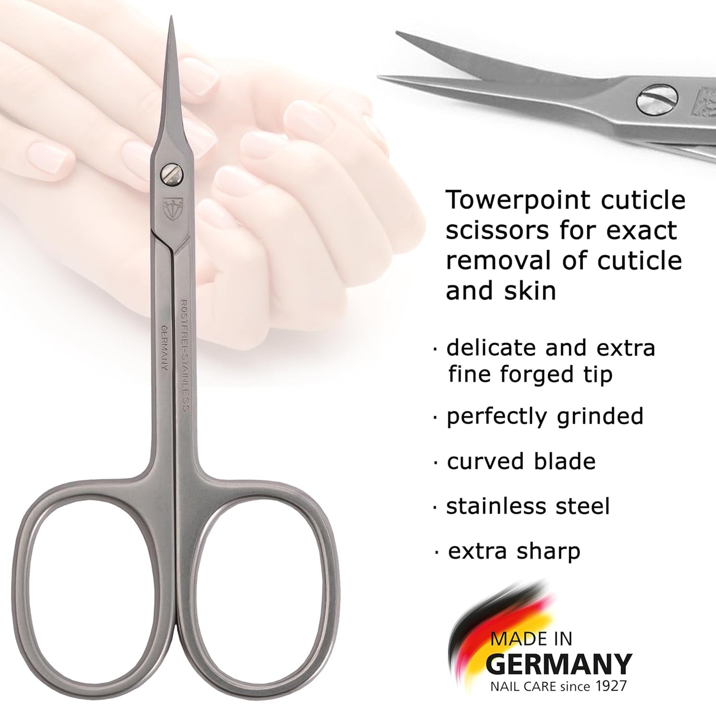 3 Swords Germany - brand quality STAINLESS STEEL INOX CURVED CUTICLE TOWERPOINT SCISSORS (1 PIECE) with case for manicure pedicure - nail care by 3 Swords - Made in Germany