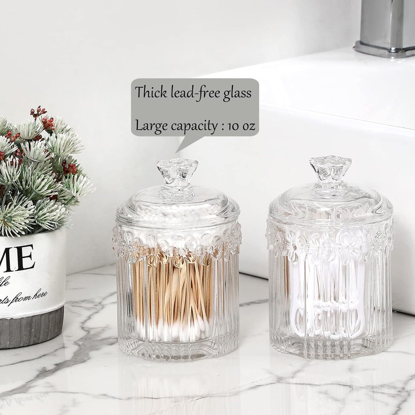 2 Pack Qtip Holder Glass Apothecary Jars with Lids Bathroom Accessories Vanity Organizers and Makeup Storage Canister for Cotton Swabs, Balls, Pads, Floss Picks, Candy, Clear