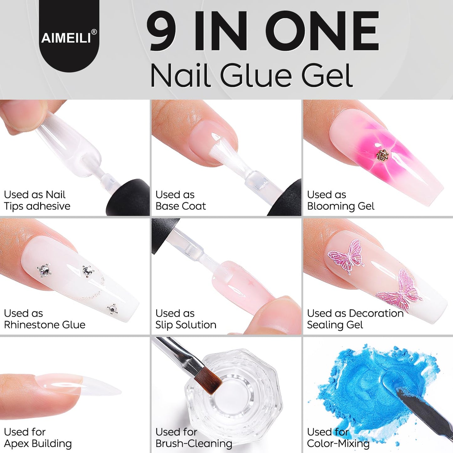 AIMEILI Base Coat Top Coat Nail Glue Gel Kit 3pcs, Hema Free, Cruelty Free, Vegan, Clear High Gloss Gel Nail Polish Long Lasting Nail Art