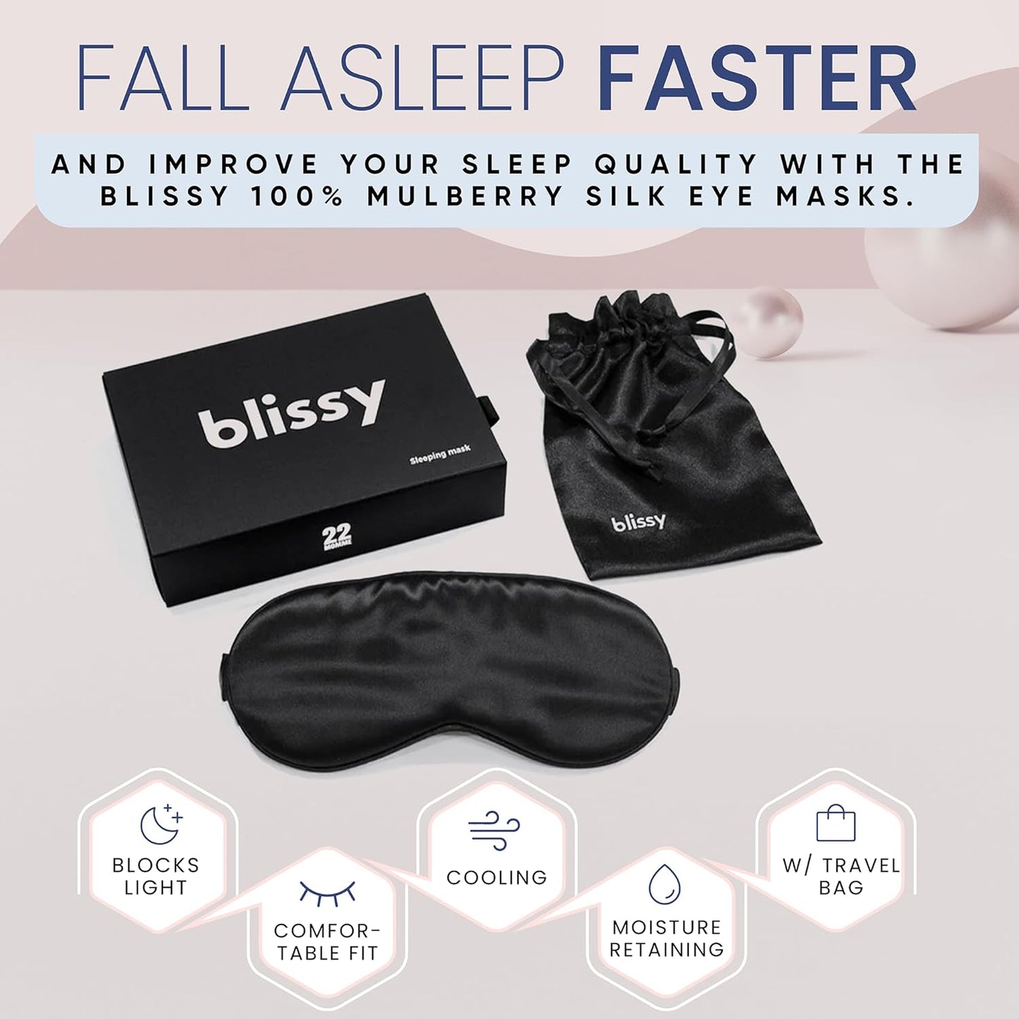 Blissy Silk Sleep Mask - Silk Eye Sleeping Mask for Women & Men for Total Blackout - Silk Eye Mask - 100% Pure Mulberry Silk, 22 Momme 6a Fibers - Blindfold Silk Sleep Mask Side Sleeper Eye Cover