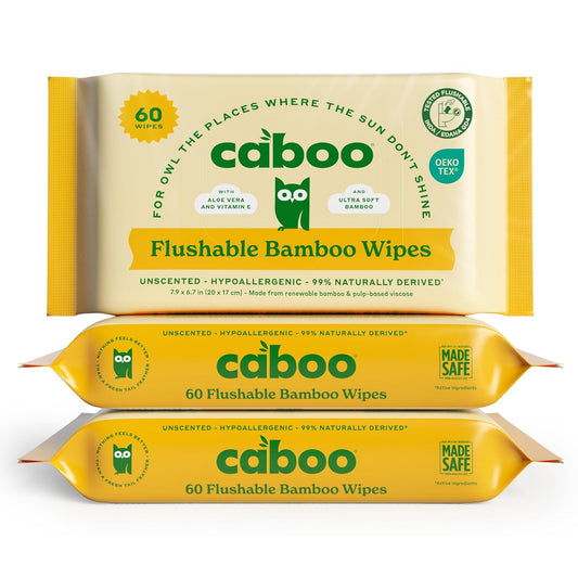 Caboo Tree Free Flushable Wipes, Certified Flushable, Septic Safe, Biodegradable, Chemical Free, Unscented Wipes for Adults made with Renewable Bamboo Based Viscose (Pack of 3, Total of 180)