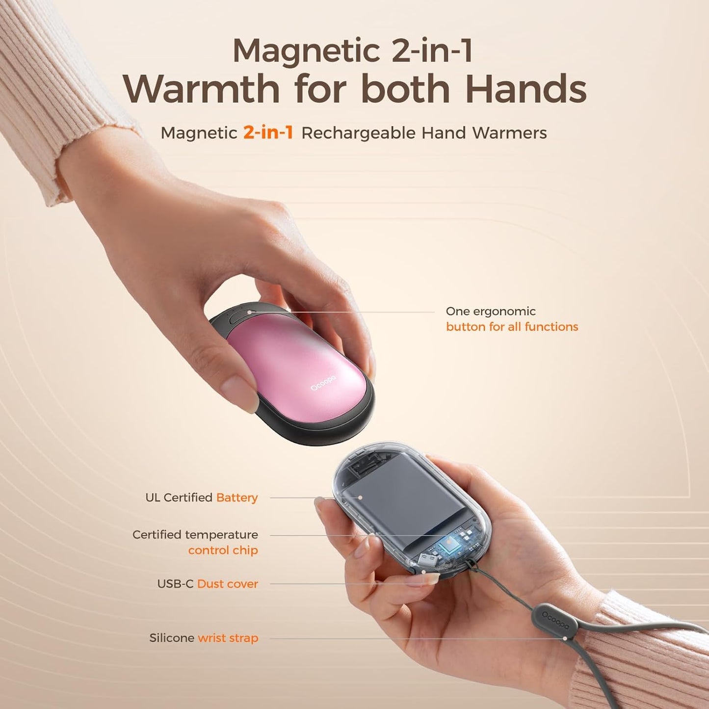 OCOOPA Magnetic Hand Warmers Rechargeable 2 Pack, AI Electric Handwarmers, Fast Heating, 3-Settings, UL Certified, Portable Heater, Gloves Fitting, Travel Essentials, Gifts Women Men, UT3 Lite