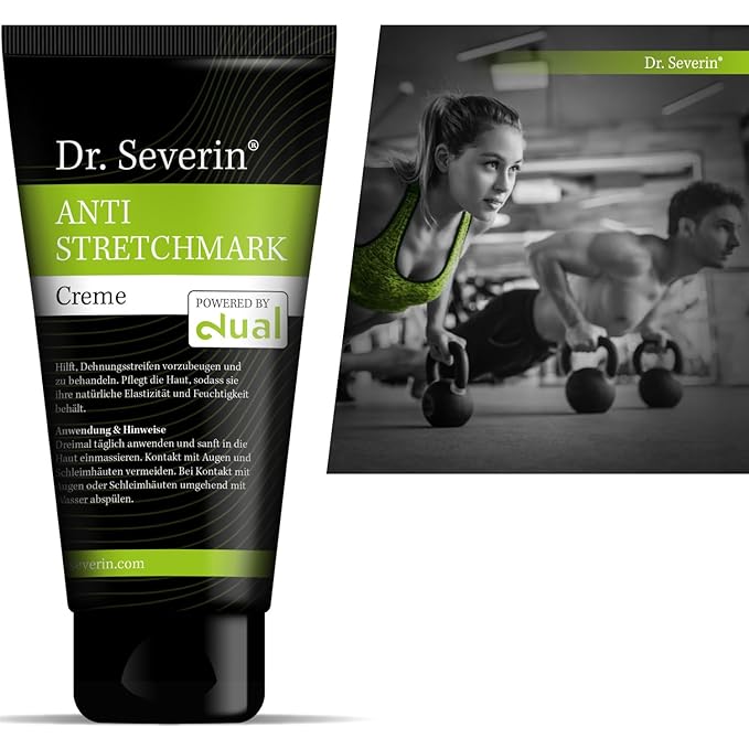 Anti-Stretch Solution: Dr. med. Severin® Stretch mark Cream powered by dual. Prevent + remove stretch marks during muscle building + pregnancy, effective ointment against stretch marks, innovative.