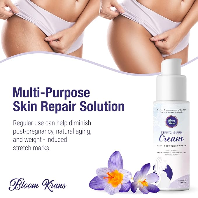 Bloom Krans Stretch Mark Cream for Pregnancy – Moisturizing Stretch Mark Remover Prevention Cream for the Pregnant Belly - Postpartum Lotion Essentials