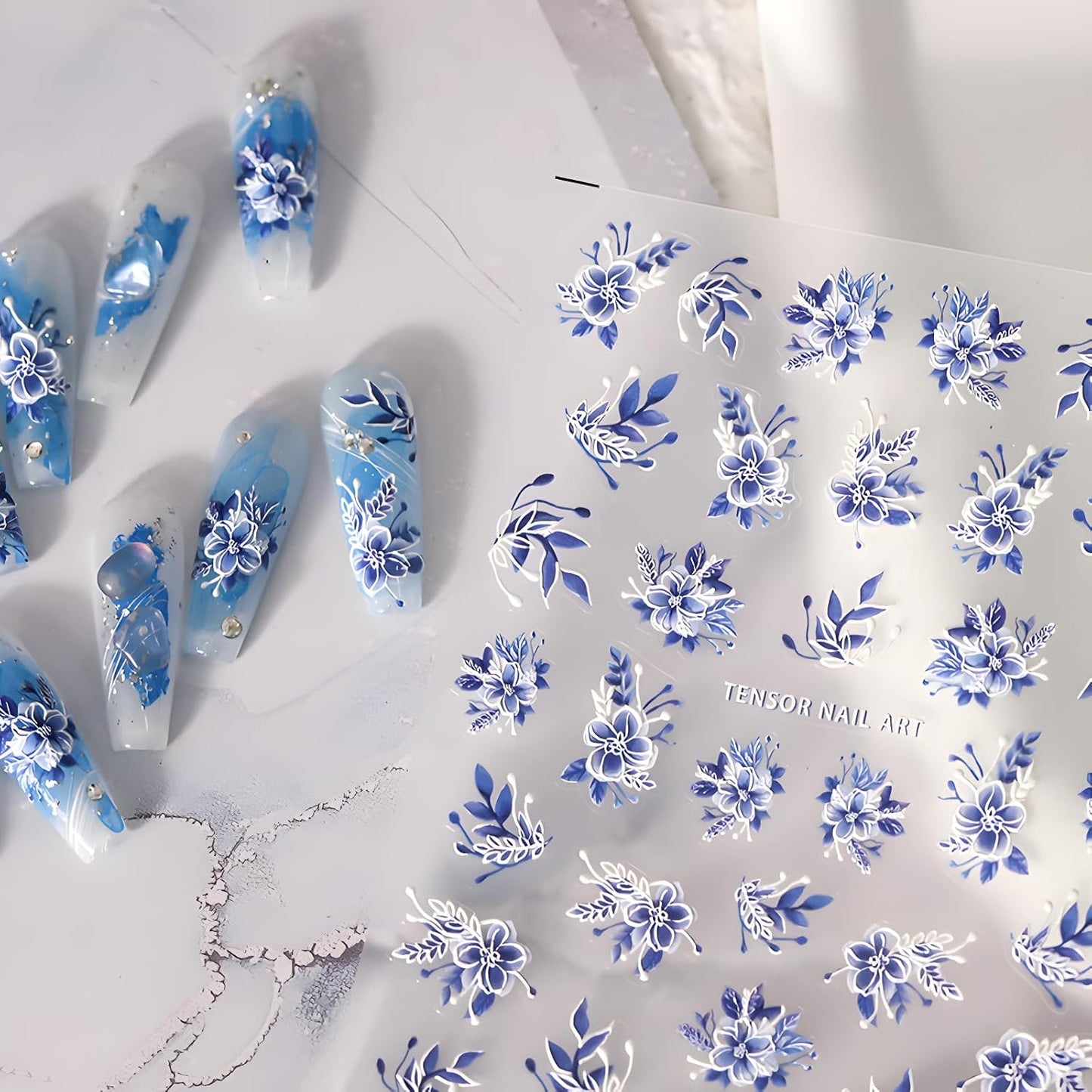 5D Embossed Flowers Nail Stickers for Nail Art Self Adhesive Blue White Flowers Nail Decals Spring Summer Nail Art Stickers Decoration Accessories for Women and Girls