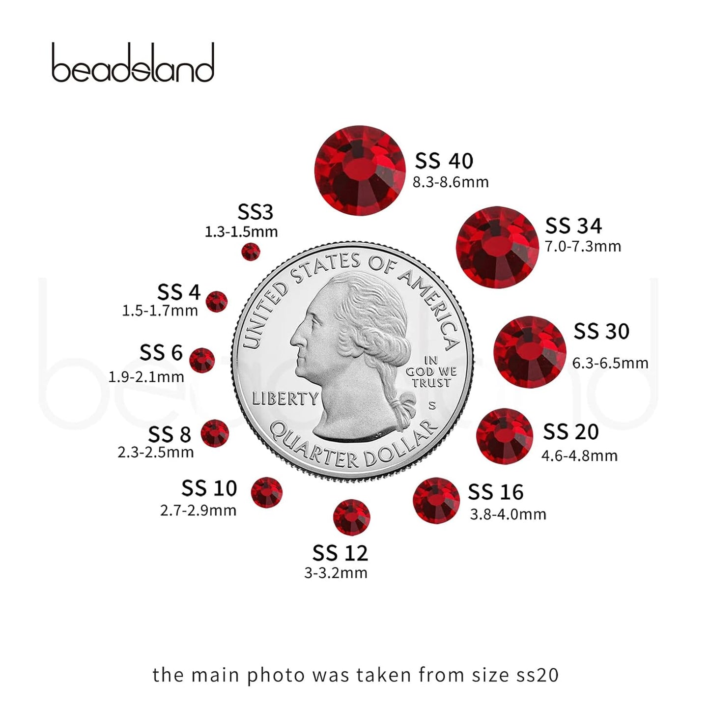 beadsland 1440 Piece Flat Back Crystal Rhinestones Round Gems,1.3mm-6.5mm,Dark Siam (SS20(4.6-4.8mm))