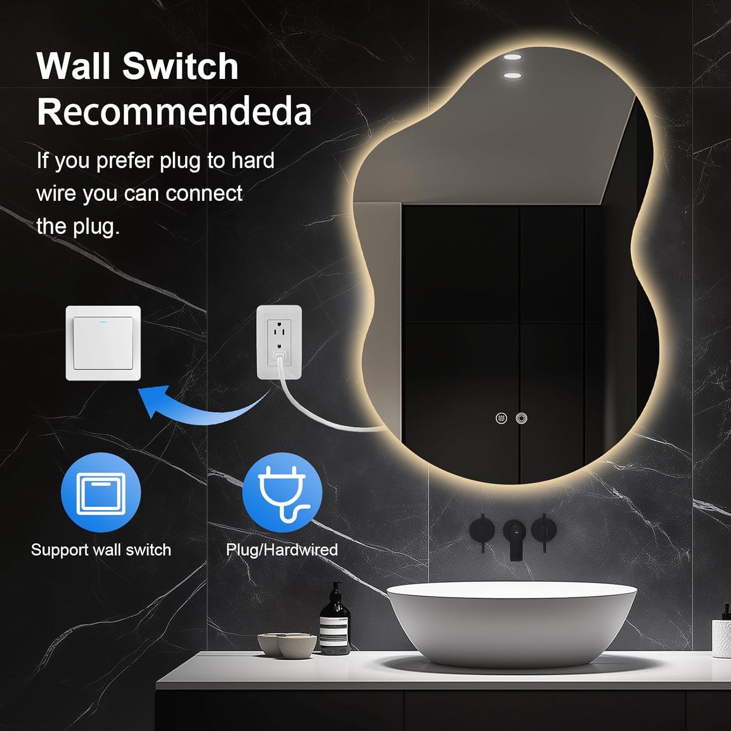 40"x30" Asymmetrical LED Bathroom Wall Mirror with Dual Lighting, Anti-Fog Pad, Dimmable Brightness & 3 Color Temperatures [Horizontal/Vertical]