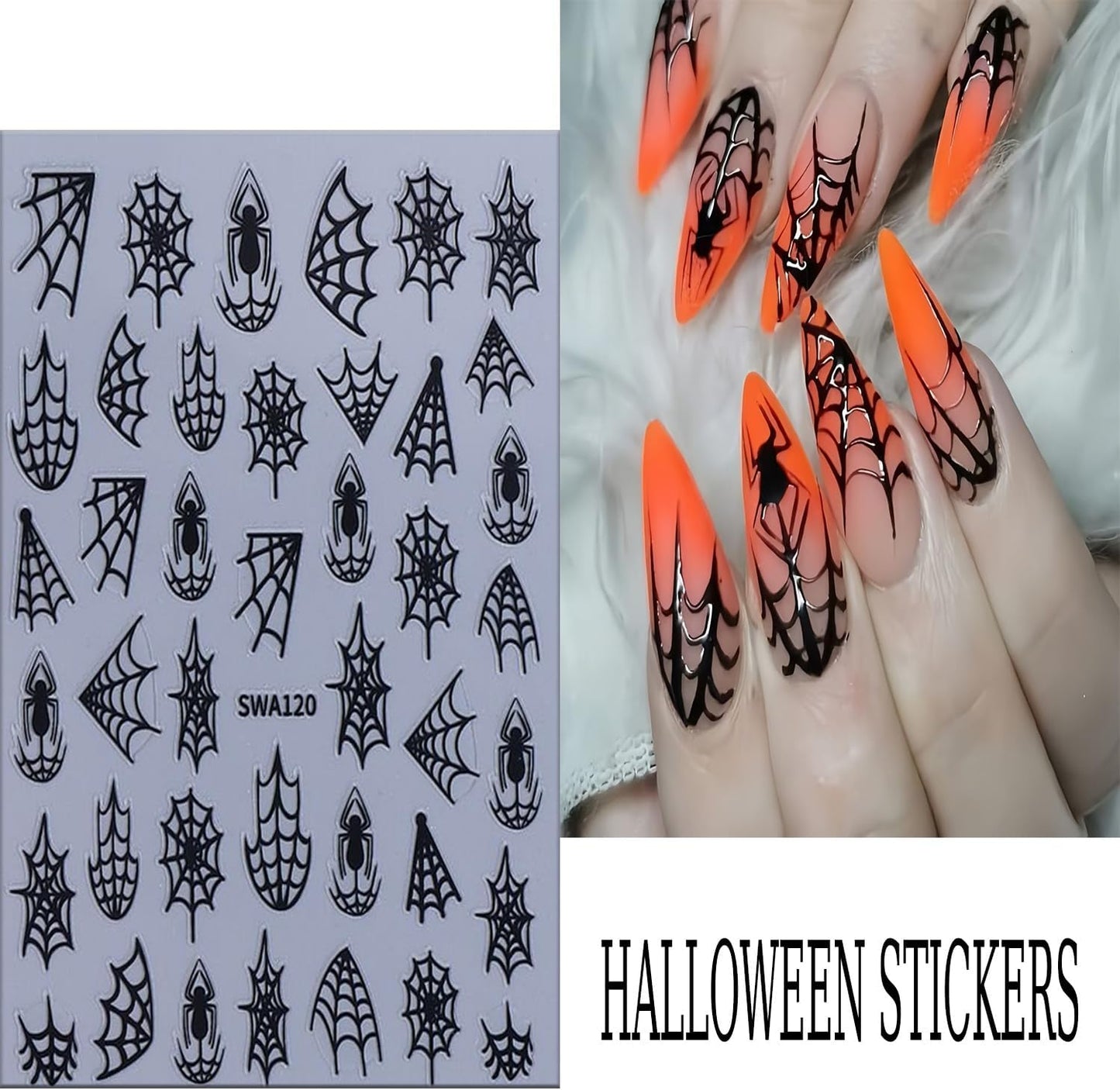 6 Sheets Halloween Spider Web Nail Art Stickers 3D Self -Adhesive Spider Web and Spider Nail Decals Holographic Black Gold Silver Nail Stickers Halloween Nail Decoration for Women Manicure Supplies