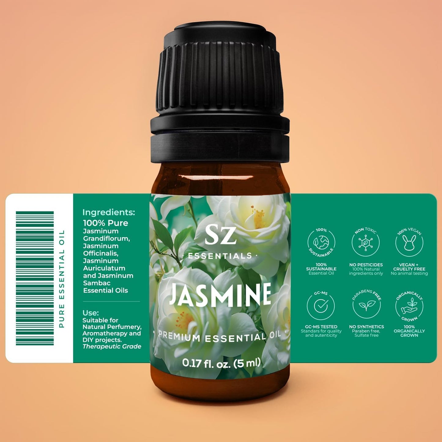 Jasmine Absolute Essential Oil – 100% Pure & Undiluted – 4 Jasminum Species – Divine Floral & Exotic Scent! – Aromatherapy & Natural Perfumery - Therapeutic Grade & Vegan – 0.17oz (5mL)