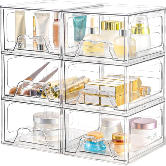 Plastic Drawers Storage, 6 Pack Clear Stackable Storage Drawers, Acrylic Storage Bins with Drawers for Fridge Organizers, Small PlasticDrawers Stackable for Makeup Organizers Cosmetic Display