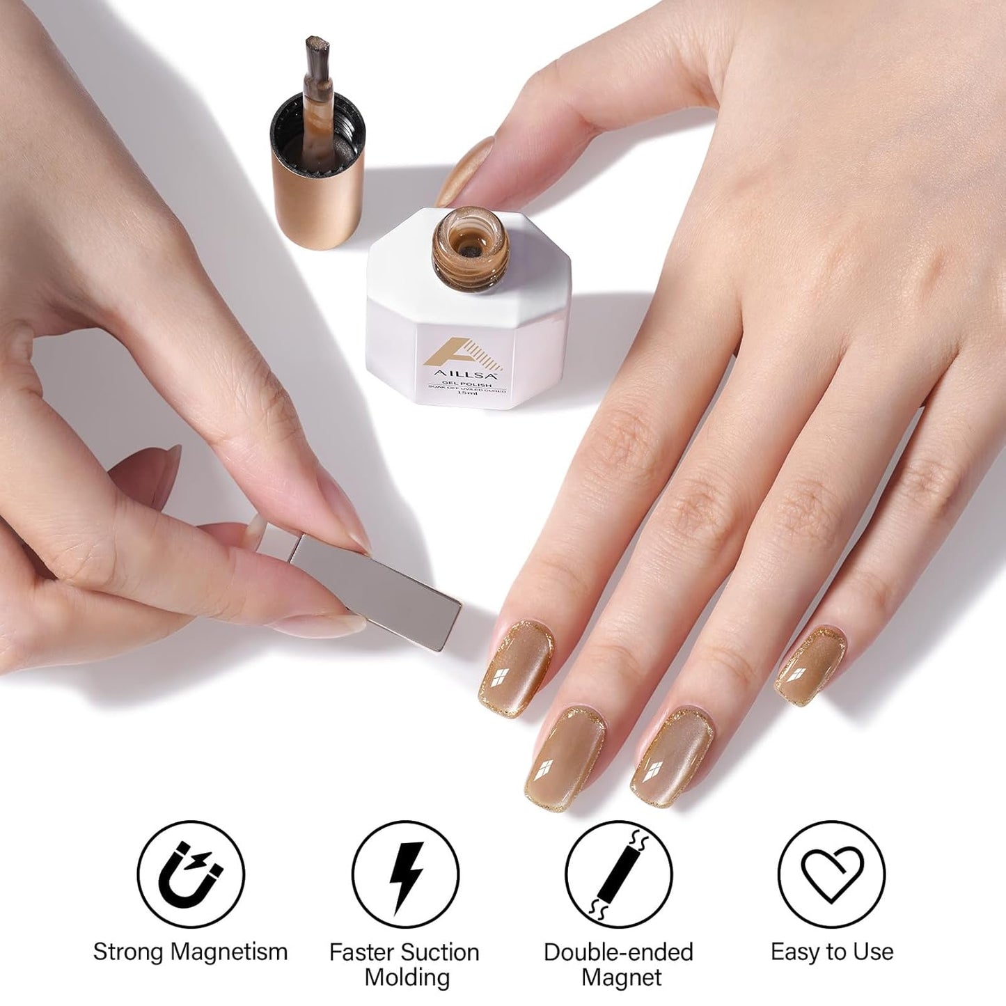 AILLSA Glass Cat Eye Gel Nail Polish, Champagne Glitter Jelly Nude Nail Polish Magnetic Gold Shimmer Sparkle Nail Art U V Gel Salon 0.5 OZ