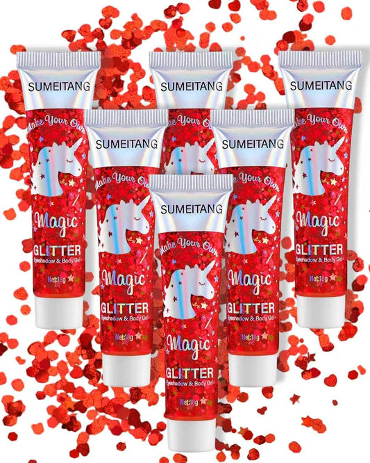 6PCS Red Face Body Glitter Gel，Holographic Chunky Sequins Body Glitter Paint for Party Singer Concerts Music Festival Rave Accessories for Girls Women Face Body DIY Sparkling Makeup