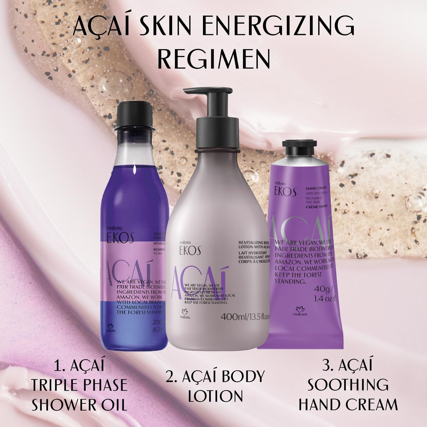 natura - Ekos Açaí Triple Phase Shower Oil - Revitalizing In-Shower or Bath Body Oil - Anti-Dullness - Scented - Bath Oil - Skin Moisturizer - Vegan Skin Care - Brazilian Beauty - 6.7 fl oz (200ml)