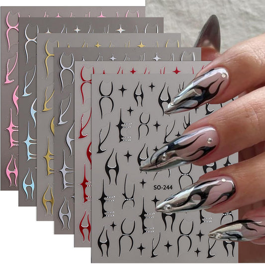 3D Nail Stickers Geometric Nail Art Stickers Fishbone Line Nail Decals Red Gold Black Silver White Irregular Line Mixed Star Design Gothic Nail Sticker for Nail Art Decor Manicure for Women 6Sheets