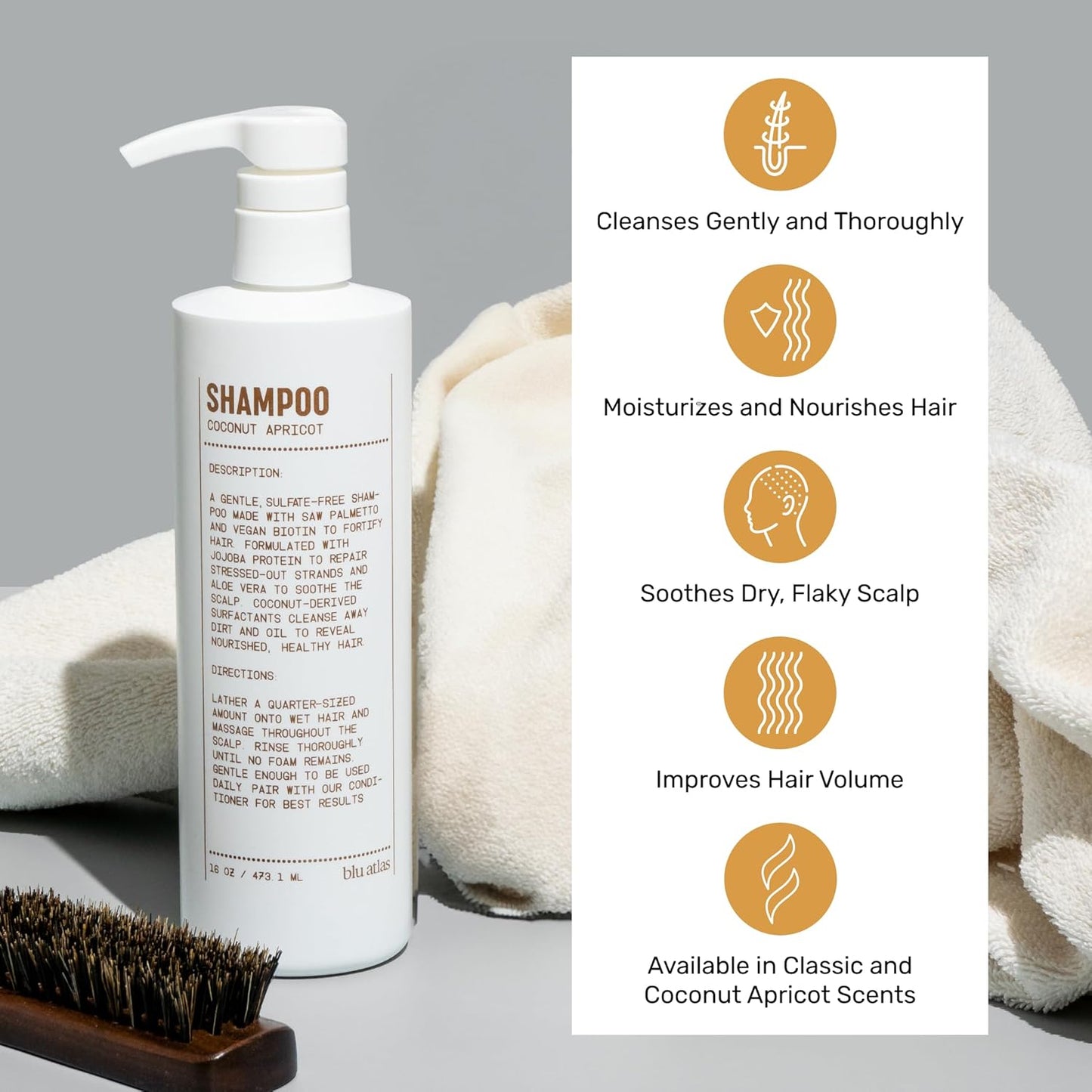 Blu Atlas Men's Natural Shampoo – Organic, Sulfate-Free, Paraben-Free – Deep Cleansing & Hydrating – Coconut Apricot Scent – Made in America – 16 oz