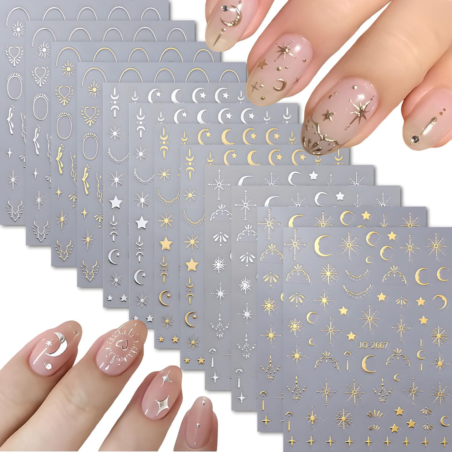 12 Sheets Silver Gold Moon Star Nail Art Stickers - 3D Self Adhesive Decals for Design and Decoration - Supplies Accessories for Women