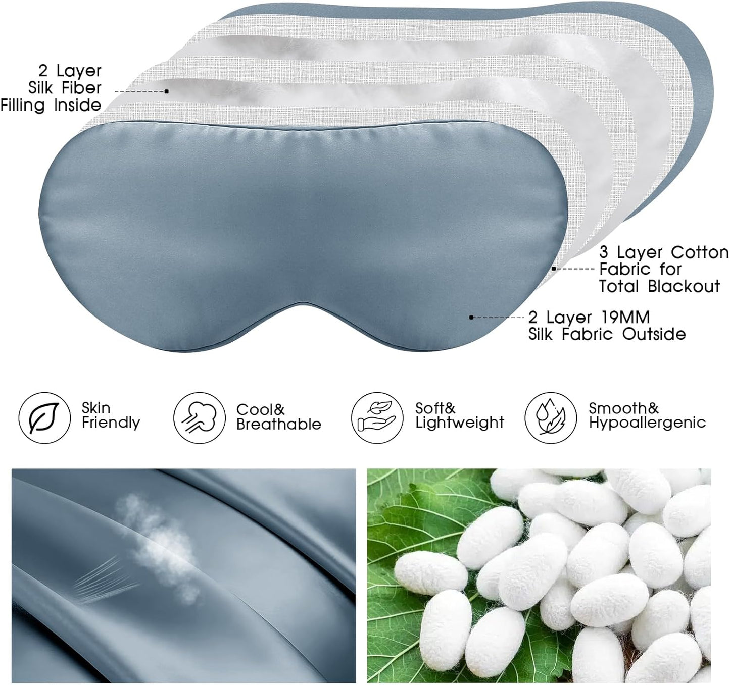 Mulberry Silk Blackout Adjustable Sleep Eye Mask for Men/Women Travel Plane,Ash Blue