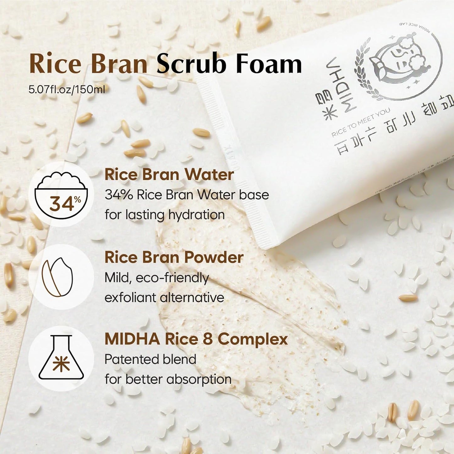 MIDHA RICE BRAN SCRUB FOAM 5.07fl.oz/150ml, Deep Cleansing, Pore-Purifying, Gentle Exfoliating – Soft Micro-Foam Face Wash with Balanced pH & Hydrating, Nourishing Care