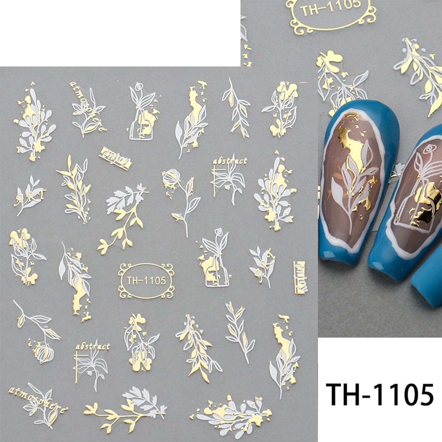 9 Sheets Marble Nail Stickers Flower Nail Art Stickers 3D Self-Adhesive Silver Gold Nail Decals Abstract Leaf Line Nail Designs for Women Nail Art Supplies Decoration, Style-a