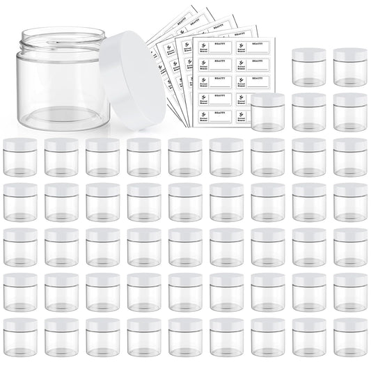50 Pack 2 OZ Plastic Jars Round Clear Cosmetic Container Jar with White Lids, Eternal Moment Plastic Slime Jars for Lotion, Cream, Ointments, Makeup, Eye shadow, Rhinestone, Samples, Travel Storage