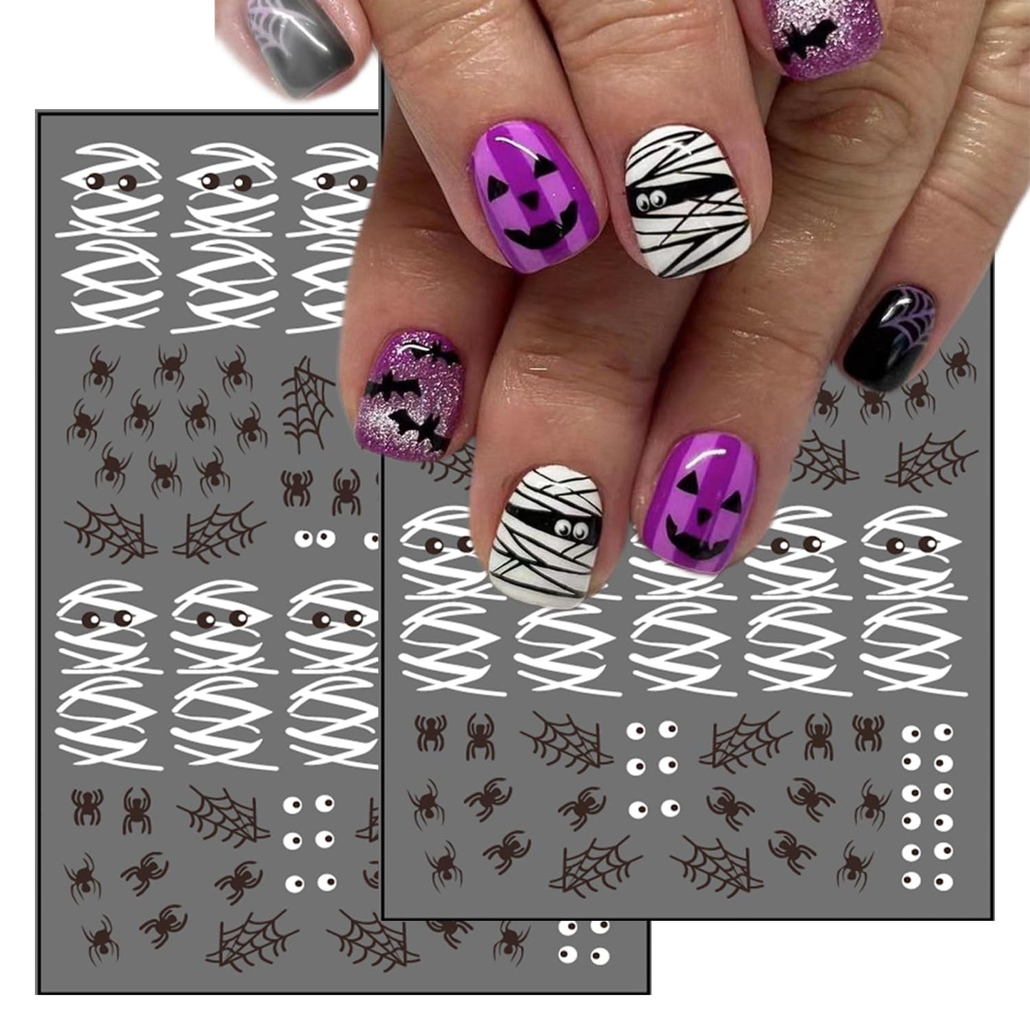 8 Sheets Halloween Nail Art Stickers Cute Ghost & Mummy Designs 3D Self-Adhesive Flower Nail Stickers Halloween Spider Pumpkin Spider Web Acrylic Nails Art Decoration for Women Nails Art Supplies