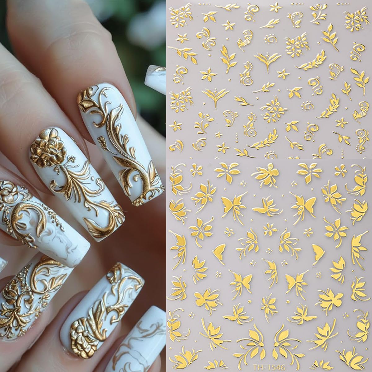 6 Sheets Gold Nail Art Stickers 3D Self -Adhesive Golden Flowers Leaves Nail Decals Holographic Hot Stamping Floral Nail Stickers Summer Blossom Nail Decoration for Women DIY Manicure Supplies