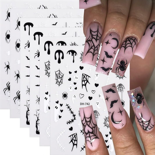 6 Sheets Halloween Nail Art Stickers Nail Decals 3D Self-Adhesive Spider Web Spider Cute Ghost Bat Nail Stickers Design Fall Holiday Salon DIY Nails Decoration Accessories for Women