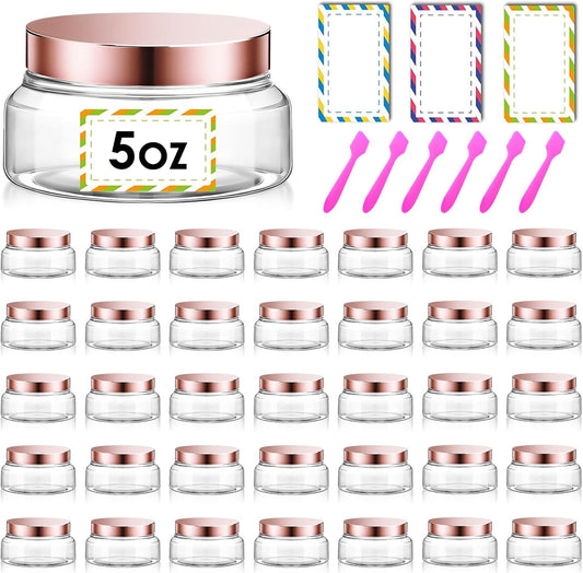 36 Pack 5 oz Plastic Cosmetic Containers With Lids Refillable Clear Empty Travle Jars Containers for Body Butter,Sugar Scrubs,Cream,Lotions,Candy, Waterproof Label&Spatulas - (Rose Gold Lid)