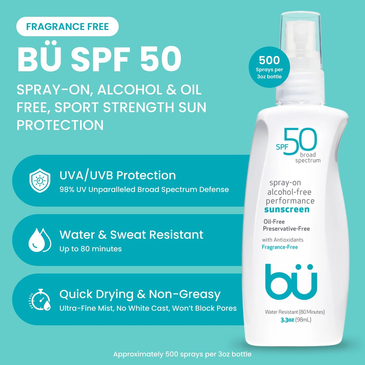 BU SPF 50 Sunscreen Spray for Face and Body, Fragrance Free, Clear Non Aeorsol, Non Greasy and Water Resistant (3-pack)