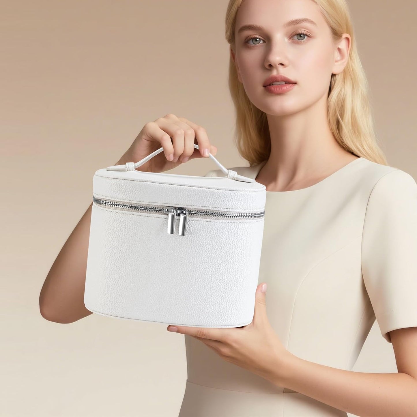 Makeup Bag Vanity Case Cosmetic Bag with Removable Divider Travel Toiletry Bag for Women Portable Make up Box Organizer, White