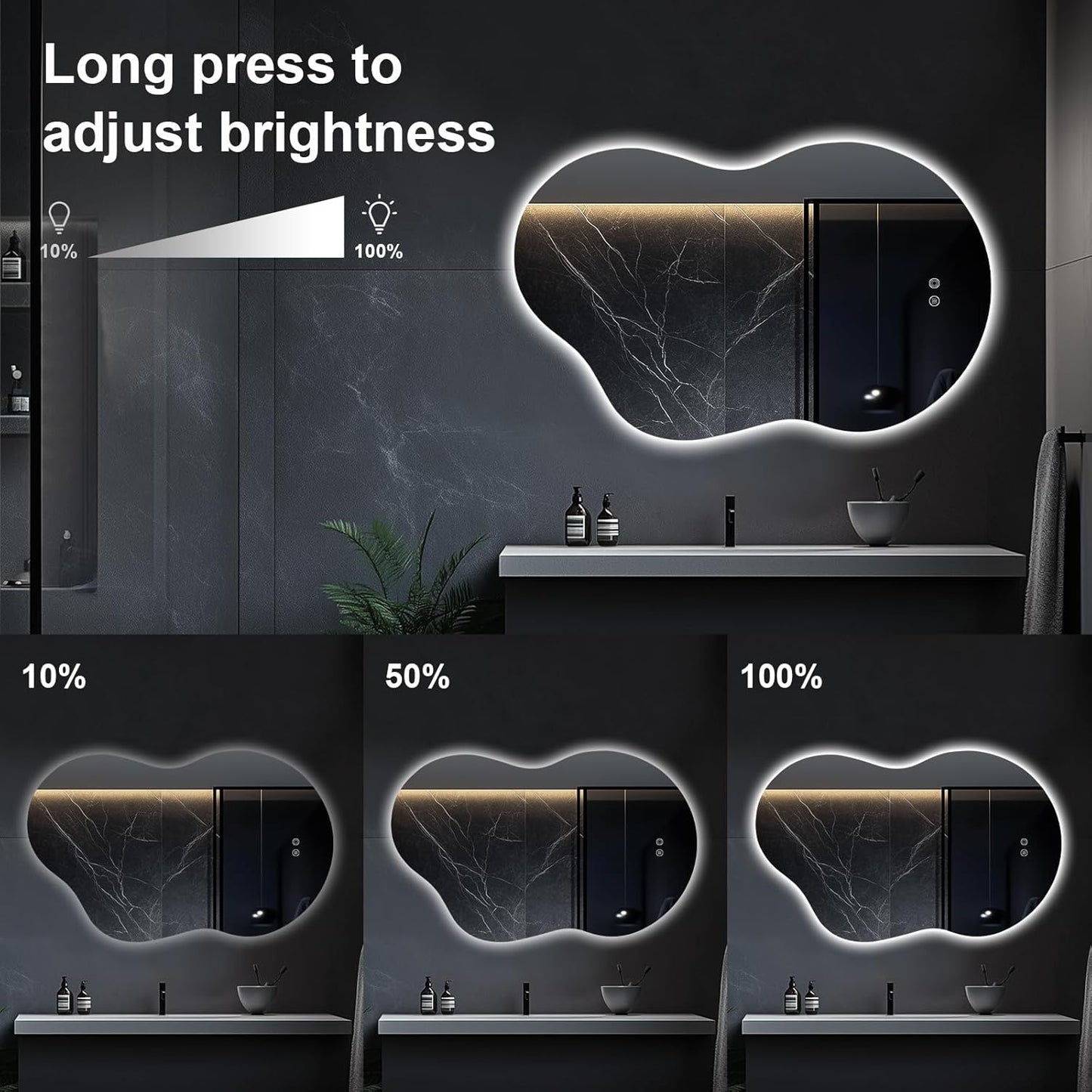 48"x30" Irregular LED Lighted Vanity Mirror for Bathroom, Front and Backlit, Anti-Fog, 3-Color Dimmable Lighting, Wall Mount [Horizontal/Vertical]